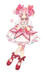  1girl ankle_bow ankle_ribbon blush_stickers bow bubble_skirt closed_mouth full_body gloves hair_bow heart highres interlocked_fingers kaname_madoka kawasaki_(kwsk_8765) knees_together_feet_apart looking_at_viewer magical_girl mahou_shoujo_madoka_magica mahou_shoujo_madoka_magica_(anime) own_hands_together pink_bow pink_eyes pink_hair puffy_short_sleeves puffy_sleeves red_bow red_footwear ribbon short_sleeves short_twintails simple_background skirt solo soul_gem twintails twitter_username white_background white_gloves 