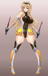  1girl bare_shoulders blonde_hair blue_eyes blush boots bow breasts cameltoe cleavage cleft_of_venus cosplay covered_erect_nipples covered_navel crossover curvy dagger dual_wielding elbow_gloves female_focus fishnets full_body gloves gluteal_fold gradient_background grey_background hair_bow hair_intakes high_heels highleg highleg_leotard highres holding igawa_sakura igawa_sakura_(cosplay) knife kusugawa_sasara large_breasts legs legs_apart leotard linea_alba long_hair looking_at_viewer miniskirt navel ninja pleated_skirt rindou_(radical_dream) shiny_clothes shiny_skin showgirl_skirt simple_background skin_tight skirt solo standing taimanin_(series) taimanin_asagi taimanin_suit thick_thighs thigh_boots thighhighs thighs to_heart to_heart_(series) to_heart_2 weapon  rating:Questionable score:104 user:Jake2011