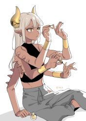 1girl bracelet character_request dark-skinned_female dark_skin earrings expressionless extra_arms female_focus horns jewelry long_hair monster_girl multitasking nail_polish painting_nails pointy_ears ranyues simple_background sitting solo white_background white_hair