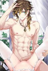  1boy 1girl abs armpits blonde_hair blue_eyes character_request cum devil_heavens earrings ejaculation erection female_pov functionally_nude hetero highres jewelry lingerie long_hair looking_at_viewer male_focus muscular muscular_male nipples nude pectorals penis pov solo_focus sweat thighhighs underwear  rating:Explicit score:35 user:FabricioDias