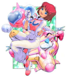  1girl absurdres aircraft blue_eyes blush full_body gloves highres looking_at_viewer open_mouth pastel_(twinbee) pilot_suit red_hair robot short_hair smile solo twinbee twinbee_(character) yasuda_akira 