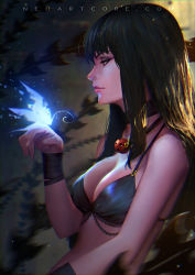 1girl bare_back black_hair breasts bug butterfly cleavage bug long_hair looking_down mole neoartcore red_eyes solo rating:Sensitive score:49 user:danbooru