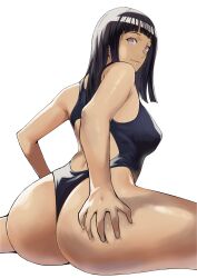  1girl absurdres arado_balanga_(xchd7538) ass ass_grab black_hair blunt_bangs breasts competition_swimsuit covered_erect_nipples from_behind grabbing_own_ass highres hime_cut huge_ass hyuuga_hinata large_breasts light_smile long_hair looking_at_viewer looking_back naruto naruto_(series) one-piece_swimsuit puffy_nipples simple_background sitting solo straight_hair swimsuit thighs wariza white_background white_eyes  rating:Sensitive score:61 user:danbooru