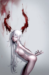  1girl arms_behind_back blood blood_on_wall completely_nude dripping eyelashes fake_horns fingernails hair_between_eyes horns kenny_(poe90) long_eyelashes long_hair nail_polish nude original pink_eyes pink_nails red_horns solo thighs white_hair  rating:Questionable score:4 user:danbooru