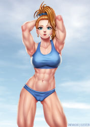  1girl abs absurdres armpits arms_behind_head arms_up bandaid bandaid_on_cheek bandaid_on_face blue_eyes blue_scrunchie blue_shorts blue_sports_bra breasts brown_hair cameltoe captain_mizuki cloud cloudy_sky collaboration contrapposto covered_erect_nipples earrings elee0228 forehead gluteal_fold hair_ornament hair_pulled_back hair_scrunchie high_ponytail highres hoop_earrings jewelry large_breasts lips long_hair micro_shorts midriff muscular muscular_female navel newash nose one-punch_man parted_lips scrunchie second-party_source shorts sky solo sports_bra standing taut_clothes teeth thick_thighs thighs upper_teeth_only 