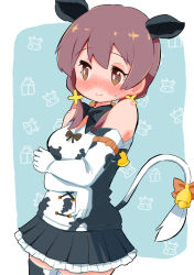 1girl animal_ears arm_belt bare_shoulders bell black_bow black_bowtie black_skirt blue_background blush bow bowtie breasts brown_eyes brown_hair commentary cosplay cow_ears cow_tail cowboy_shot dot_nose elbow_gloves extra_ears frilled_skirt frills gloves hair_between_eyes highres holstein_friesian_cattle_(kemono_friends) holstein_friesian_cattle_(kemono_friends)_(cosplay) kemono_friends large_breasts looking_to_the_side miniskirt murosaki_miyo nose_blush onii-chan_wa_oshimai! orange_bow pleated_skirt print_gloves print_shirt print_thighhighs shirt simple_background skirt sleeveless sleeveless_shirt smile solo sweatdrop tail tail_bell tail_bow tail_ornament takamaru_(minamimachi_seisakusho) thighhighs zettai_ryouiki rating:Sensitive score:5 user:danbooru