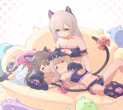  3girls :3 =_= animal_ear_fluff animal_ears animal_hands arm_garter bare_arms bare_legs bare_shoulders bell black_bra black_hair black_panties bow bow_panties bra breasts brown_eyes cat_cutout cat_ears cat_lingerie cat_tail cleavage_cutout closed_eyes clothing_cutout colored_inner_hair commentary dot_nose frilled_bra frilled_garter frilled_panties frills genderswap genderswap_(mtf) gloves grey_hair hair_between_eyes hair_ornament hair_ribbon hairclip hand_on_another&#039;s_head hand_on_own_chest jingle_bell kyarahiba lab_coat lap_pillow light_blush long_hair looking_at_another looking_down lying matching_outfits medium_breasts meme_attire midriff mother_and_daughter multicolored_hair multiple_girls navel on_back onii-chan_wa_oshimai! oyama_mahiro oyama_matsuri oyama_mihari panties paw_gloves paw_shoes pink_bow pink_hair red_ribbon ribbon siblings sisters sitting small_breasts smile stuffed_toy tail tail_bell tail_bow tail_ornament twintails two-tone_hair underwear underwear_only 