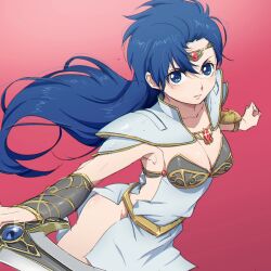  1girl arm_shield armpit_crease asou_yuuko bikini blue_eyes blue_hair breasts circlet cleavage closed_mouth collarbone gem gradient_background grey_bikini groin highres holding holding_sword holding_weapon long_hair medium_breasts mugen_senshi_valis no_panties pelvic_curtain pink_background serious sideless_outfit solo swimsuit sword valis valis_ii vambraces very_long_hair weapon yazwo 
