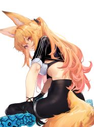 1girl a.t._zero absurdres animal_ear_fluff animal_ears black_gloves black_pants black_shirt blonde_hair blue_footwear bra breasts clothes_lift clothing_cutout commission crop_top dungeon_and_fighter ellin_meiji fine_fabric_emphasis fox_ears fox_girl fox_tail from_behind gloves high-waist_pants highres large_ears long_hair looking_back medium_breasts midriff pants ponytail red_eyes second-party_source shirt shirt_lift shoes short_sleeves sidelocks simple_background sitting solo tail tail_through_clothes underwear wariza white_background white_bra yoga_pants rating:Sensitive score:19 user:danbooru