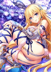  1girl animal_ears ass back_tattoo bare_shoulders blonde_hair blue_eyes blue_nails blue_ribbon blush boots bracelet breasts bridal_gauntlets chain commentary_request crop_top earrings fate/apocrypha fate_(series) fingerless_gloves fur_trim garter_straps gloves grey_panties hair_between_eyes headpiece high_heel_boots high_heels highres hip_focus jeanne_d&#039;arc_(fate) jeanne_d&#039;arc_(ruler)_(fate) jewelry knee_boots large_breasts long_hair looking_at_viewer nail_polish necklace panties parted_lips rabbit_ears ribbon sakiyamama signature smile solo sparkle tattoo thighs underwear very_long_hair  rating:Sensitive score:21 user:danbooru