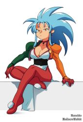  1990s_(style) 1girl arm_support artist_name blue_hair breasts closed_mouth commentary_request crossed_legs earrings expressionless full_body gazzycakes hand_on_own_knee highres jewelry long_hair looking_at_viewer medium_breasts meyama_mamezou pointy_ears retro_artstyle ryouko_(tenchi_muyou!) sitting solo spiked_hair tenchi_muyou! white_background yellow_eyes 