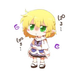 1girl :t arm_warmers black_footwear black_shirt black_skirt blonde_hair blush blush_stickers braid brown_shirt chibi closed_mouth commentary_request flat_chest french_braid full_body green_eyes hair_between_eyes long_bangs looking_at_viewer mizuhashi_parsee paru_paru pointy_ears pout rebecca_(keinelove) sandals sash scarf second-party_source shaded_face shirt short_hair short_sleeves simple_background skirt socks solo standing touhou undershirt white_background white_sash white_scarf zouri