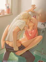 1boy 1girl ass barefoot bartolomeobari black_pants blush bottomless breasts chainsaw_man closed_eyes clothed_sex clothes_lift clothes_pull couple cum cum_in_pussy denji_(chainsaw_man) feet full_body hetero horns indoors kiss long_hair mirror missionary navel nipples pants pants_pull penis pink_shirt power_(chainsaw_man) pussy red_horns sex shirt shirt_lift short_hair small_breasts t-shirt toenails toes toilet toilet_paper toothbrush twitter_logo uncensored vaginal white_hair white_shirt rating:Explicit score:2476 user:danbooru