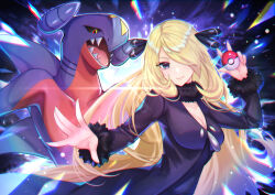  1girl black_collar blonde_hair breasts chromatic_aberration cleavage coat collar commentary_request creatures_(company) cynthia_(pokemon) fur-trimmed_coat fur_collar fur_trim game_freak garchomp gen_4_pokemon hair_ornament hair_over_one_eye hand_up highres holding holding_poke_ball long_hair mizunozumi nintendo outstretched_arm poke_ball poke_ball_(basic) pokemon pokemon_(creature) pokemon_dppt w 