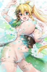  1girl arm_up black_hair blonde_hair blue_eyes blush bouncing_breasts breasts covered_erect_nipples covered_pussy cowboy_shot dress fairy fairy_(sao) fairy_wings gluteal_fold green_dress green_eyes green_wings heterochromia high_ponytail highres kirigaya_suguha large_breasts leafa long_hair multicolored_hair multiple_wings navel pointy_ears r-binon simple_background stomach sword_art_online teeth thighs torn_clothes torn_dress transformation upper_teeth_only white_background wings 