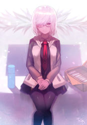 1girl absurdres black-framed_eyewear black_dress black_pantyhose brown_eyes closed_mouth commentary_request dress fate/grand_order fate_(series) glasses hair_over_one_eye hands_on_lap highres jacket long_sleeves looking_at_viewer mash_kyrielight necktie open_clothes open_jacket own_hands_together pantyhose pink_hair red_necktie short_hair signature sitting smile solo tarbo_(exxxpiation) thermos white_jacket rating:Sensitive score:3 user:danbooru