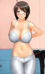  10s 1girl ahoge arms_behind_back bare_arms bare_shoulders black_hair blush bra breasts brown_eyes cleavage collarbone commission cowboy_shot curvy denim groin indoors large_breasts looking_at_viewer metalbolic navel pants parted_lips servant_x_service shiny_skin unworn_shirt short_hair solo stomach triangle_mouth underwear undressing white_bra white_pants yamagami_lucy 