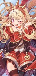  1girl blonde_hair bracer cagliostro_(granblue_fantasy) cape cheek_poking crown granblue_fantasy hairband highres long_hair one_eye_closed open_mouth poking purple_eyes ryuusei_(trickster) solo spiked_hairband spikes thighhighs tiara 