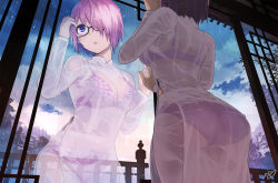 1girl :o ass black-framed_eyewear bra breasts day fate/grand_order fate_(series) from_below glasses hair_over_one_eye hands_up highres indoors large_breasts long_sleeves mash_kyrielight open_mouth panties pink_bra pink_hair pink_panties rain reflection see-through short_hair signature solo tree underwear vietnamese_dress wet wet_clothes wet_hair window yanngoto rating:Sensitive score:42 user:danbooru