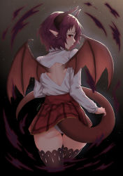 1girl ass dragon_girl dragon_horns dragon_tail dragon_wings from_behind granblue_fantasy grea_(shingeki_no_bahamut) highres horns long_sleeves looking_at_viewer looking_back panties plaid plaid_skirt pointy_ears purple_hair red_eyes red_skirt shingeki_no_bahamut shirt short_hair signature skirt solo tail thighhighs thore_(nathalukpol) underwear white_panties white_shirt wings rating:Sensitive score:37 user:danbooru