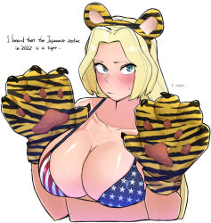  1girl america_(ohasi) american_flag american_flag_print animal_ears animal_gloves bare_arms bare_shoulders bikini blue_eyes blush breasts cleavage collarbone english_text flag_print hand_up highres large_breasts long_hair ohasi open_mouth original parted_bangs shiny_skin skindentation solo string_bikini sunglasses sweat swimsuit tiger_ears upper_body  rating:Sensitive score:6 user:Sexy_Prince