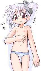 black_eyes blue_panties blush flat_chest hair_ornament ikkyuu loli navel nipples oekaki panties personification ponytail side_ponytail silver_hair simple_background solo source_request striped_clothes striped_panties topless translation_request underwear yen-tan rating:Questionable score:8 user:Tom23