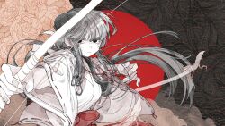  1girl :| aiming aiming_at_viewer black_background black_eyes black_hair blunt_bangs bow_(weapon) closed_mouth cloud eogo_(mopidona) fingernails floral_background frown hakama highres holding holding_bow_(weapon) holding_weapon inuyasha japanese_clothes kikyou_(inuyasha) kimono korean_commentary long_hair long_sleeves looking_at_viewer low_ponytail miko multicolored_background orange_background outstretched_arm red_background red_hakama ribbon-trimmed_sleeves ribbon_trim seigaiha serious shinidamachuu solo spirit upper_body weapon white_kimono wide_sleeves 