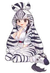  1girl a888_n22 absurdres animal_ears animal_print belt between_legs black_hair breast_pocket breasts breath brown_eyes cargo_shorts chapman&#039;s_zebra_(kemono_friends) collared_shirt commission extra_ears flashing full_body furrowed_brow hand_between_legs hand_up highres kemono_friends kemono_friends_3 leggings long_hair looking_at_viewer medium_breasts multicolored_hair open_mouth pocket print_leggings print_shirt print_shorts shirt shirt_tucked_in shoes shorts simple_background sitting skeb_commission smile solo striped_hair suspenders twintails two-tone_hair very_long_hair wariza white_background white_hair wing_collar zebra_ears zebra_girl zebra_print zebra_tail 