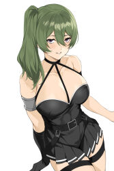  1girl absurdres bare_shoulders black_dress black_gloves blush breasts cleavage collarbone dress gloves green_hair highres large_breasts long_hair looking_at_viewer purple_eyes side_ponytail single_glove smile solo sousou_no_frieren thighs ubel_(sousou_no_frieren) yykuaixian 
