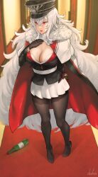  1girl absurdres azur_lane beer_bottle blush bottle breasts cleavage cleavage_cutout cloak clothing_cutout fur-trimmed_cloak fur_trim gloves graf_zeppelin_(azur_lane) hair_between_eyes hand_on_own_chest hat hiding_behind_back highres large_breasts long_hair pantyhose peaked_cap pleated_skirt red_eyes sidelocks signature skirt solo third-party_edit very_long_hair white_hair 