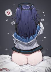  1girl aftersex anger_vein ass bed_sheet black_shirt blue_archive blue_hair bottomless breath condom cum cum_on_ass facing_away from_behind halo heart highres ie_(raarami) jacket long_hair puff_of_air shirt sitting solo spoken_anger_vein sweat two_side_up used_condom white_jacket yuuka_(blue_archive) 
