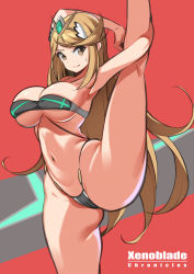  1girl :o absurdres armpits bikini black_bikini blonde_hair breasts cleavage fish_bread gluteal_fold groin highres large_breasts legs looking_at_viewer multicolored_bikini multicolored_clothes multicolored_swimsuit mythra_(xenoblade) navel nintendo pussy shiny_skin short_hair solo split standing standing_on_one_leg standing_split super_smash_bros. swimsuit thong view_between_legs xenoblade_chronicles_(series) xenoblade_chronicles_2 yellow_eyes  rating:Explicit score:55 user:HockeyKamen