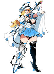  1girl black_bra blonde_hair blue_eyes boots bra breasts cape claws dominatrix full_body gloves hat highres holding holding_weapon kafun large_breasts long_hair necktie open_mouth original police police_hat police_uniform skirt spikes tongue tongue_out underwear uniform weapon whip white_background 