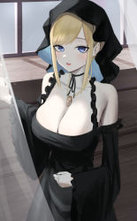  1girl absurdres alice_(shinigami_bocchan_to_kuro_maid) alice_lendrott bad_id bad_pixiv_id bare_shoulders black_dress blonde_hair blue_eyes blush bonet breasts choker cleavage curtains dress frilled_dress frills highres indoors jewelry large_breasts long_sleeves looking_at_viewer mole mole_on_breast nail_polish necklace off-shoulder_dress off_shoulder open_mouth pale_skin ribbon_choker shinigami_bocchan_to_kuro_maid sidelocks smile solo standing uou_(tlswnsgh08) wide_sleeves window  rating:Sensitive score:76 user:danbooru