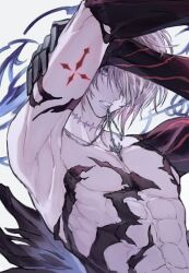  1boy abs ahoge arm_tattoo armpits arms_up asymmetrical_arms bishounen black_wings blue_eyes chain clenched_teeth commentary commentary_request cowboy_shot granblue_fantasy hair_between_eyes hand_on_own_arm j999 looking_to_the_side lucilius_(granblue_fantasy) male_focus messy_hair necklace_in_mouth no_nipples pectorals scar scar_on_neck short_hair solo_focus stitched_neck stitches sword_necklace tattoo teeth white_hair wings 