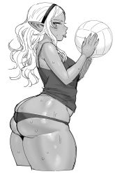1girl ass ball bikini breasts butt_crack dark-skinned_female dark_elf dark_skin elf elf-san_wa_yaserarenai. greyscale highres holding holding_ball huge_ass kuroeda_(elf-san_wa_yaserarenai.) mole mole_under_eye monochrome playing_sports pointy_ears simple_background skindentation solo sweat swimsuit synecdoche thick_thighs thighs tongue tongue_out volleyball volleyball_(object) white_background wide_hips rating:Questionable score:53 user:Vardigiil