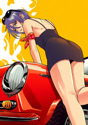  1girl absurdres alternate_costume back bare_shoulders black_dress black_hair bleach car commentary dress earrings eyewear_on_head feet_out_of_frame from_behind from_below hair_between_eyes highres jewelry kuchiki_rukia looking_at_viewer looking_back motor_vehicle parted_lips purple_eyes red_car red_scarf scarf short_dress short_hair simple_background sleeveless sleeveless_dress solo spaghetti_strap stud_earrings sunglasses thighs yellow_background yshjsw  rating:Sensitive score:2 user:danbooru