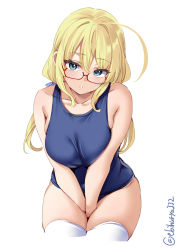 1girl ahoge between_legs blonde_hair blue_eyes blue_one-piece_swimsuit blush breasts collarbone ebifurya glasses hand_between_legs highres i-8_(kancolle) kantai_collection large_breasts long_hair looking_at_viewer one-piece_swimsuit school_swimsuit simple_background solo swimsuit thighhighs twintails twitter_username white_background white_thighhighs rating:Sensitive score:21 user:danbooru