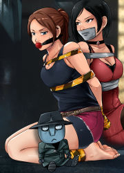  2girls ball_gag barefoot bike_shorts black_hair black_tank_top blue_eyes bound bound_ankles bound_torso bound_wrists breasts brown_eyes brown_hair capcom choker claire_redfield cleavage dress earrings feet gag gagged highres improvised_gag jewelry legs lost_one_zero medium_breasts mr_x multiple_girls necklace red_dress resident_evil resident_evil_2 seiza shirt shorts sitting sleeveless sleeveless_shirt tank_top tape tape_gag thighs 