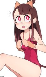 1girl absurdres animal_ears animal_hands bad_id bad_pixiv_id bare_shoulders breasts brown_hair highres kagari_atsuko little_witch_academia long_hair looking_at_viewer looking_away looking_up medium_breasts on_floor once_11h one-piece_swimsuit open_mouth own_hands_together red_eyes red_one-piece_swimsuit simple_background sitting solo swimsuit white_background rating:Sensitive score:55 user:danbooru