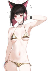  1girl animal_ears armpits bare_arms bikini black_choker black_hair black_nails black_wristband blue_archive blush bracelet breasts cat_ears choker closed_mouth collarbone colored_inner_hair commentary cowboy_shot da_(datako) earrings embarrassed flying_sweatdrops gold_bikini halo highres jewelry kazusa_(blue_archive) light_frown medium_breasts multicolored_hair nail_polish navel nose_blush paid_reward_available pink_eyes pink_hair short_hair simple_background solo standing stomach stud_earrings studded_choker sweatdrop swimsuit thigh_gap white_background 