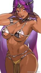  1girl armpits arms_behind_head artist_name ashiomi_masato belly_dancer breasts cleavage dark-skinned_female dark_skin dragon_quest dragon_quest_iv highres large_breasts legs long_hair looking_at_viewer manya_(dq4) naughty_face navel purple_hair red_eyes smile solo square_enix thick_thighs thighs toned tongue tongue_out very_long_hair wide_hips 