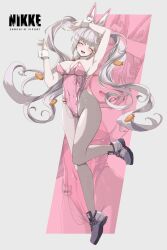  1girl :d alice_(nikke) alice_(wonderland_bunny)_(nikke) animal_ears armpits bare_shoulders breasts carrot_hair_ornament cleavage closed_eyes collarbone covered_navel fake_animal_ears fake_tail food-themed_hair_ornament full_body goddess_of_victory:_nikke grey_hair hair_between_eyes hair_intakes hair_ornament happy large_breasts leotard long_hair nail_polish okota_(pixiv) open_mouth pantyhose pink_leotard pink_nails playboy_bunny rabbit_ears rabbit_tail shoes sidelocks smile sneakers solo standing standing_on_one_leg strapless strapless_leotard tail twintails white_pantyhose wrist_cuffs zoom_layer 