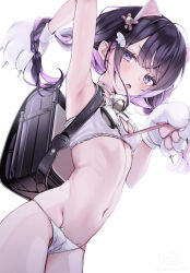  1girl animal_ears animal_hands armpits arms_up backpack bag bell black_hair blue_eyes blush bra braid breasts cat_ears cleavage collar crime_prevention_buzzer fake_animal_ears gloves groin highres jingle_bell long_hair lowleg lowleg_panties navel neck_bell open_mouth original panties paw_gloves randoseru small_breasts solo stomach thighs underwear underwear_only white_bra white_gloves white_panties yunmi_0527 