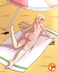 1girl ass barefoot beach blonde_hair blush breasts highres large_breasts long_hair lotion lying neptune_(series) nude nude_beach on_stomach reit sand smile solo sunbathing sunglasses sunglasses_removed sunscreen the_pose towel umbrella unworn_eyewear vert_(neptunia) rating:Questionable score:48 user:Sexy_Prince