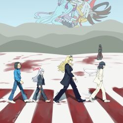  2girls 5boys abbey_road animal_ears arms_behind_back barefoot barghest_(fate) bart_simpson black_footwear black_hair black_robe black_suit blonde_hair blood blue_hair blue_pants blue_shirt breasts closed_eyes closed_mouth corn_dog fate/grand_order fate_(series) formal hands_in_pockets highres homer_simpson horns house_tag_denim ibuki_douji_(fate) insect_wings koyanskaya_(lostbelt_beast:iv)_(fate) large_breasts melusine_(fate) multicolored_hair multiple_boys multiple_girls oberon_(fate) oberon_(third_ascension)_(fate) open_mouth pants robe shirt strangling suit tai_gong_wang_(fate) the_beatles the_simpsons twitter_username white_footwear white_suit wings 