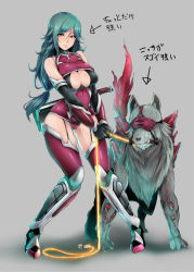 00s 1girl bare_shoulders blade blindfold blush bodysuit breasts cleavage cleavage_cutout clothing_cutout detached_sleeves dog green_hair implied_bestiality knee_pads leash long_hair looking_at_viewer mole original scar sian skin_tight taimanin_(series) taimanin_asagi thighhighs translated yellow_eyes zettai_ryouiki rating:Questionable score:91 user:thebatman