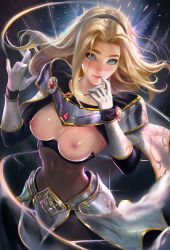  1girl armor blonde_hair blue_eyes blush breasts breasts_out covered_navel female_focus finger_to_mouth freckles gloves hairband highres league_of_legends lips long_hair looking_at_viewer lux_(league_of_legends) narrow_waist nipples sakimichan smile solo  rating:Questionable score:159 user:danbooru