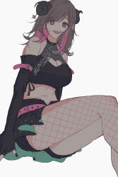  1girl absurdres adxrhk bare_shoulders black_footwear black_gloves breasts brown_hair chain cleavage cleavage_cutout clothing_cutout colored_inner_hair commentary_request elbow_gloves fangs feet_out_of_frame fishnet_pantyhose fishnets gloves heart_cutout highres horns idolmaster idolmaster_shiny_colors invisible_chair large_breasts looking_at_viewer midriff multicolored_hair navel pantyhose pink_hair pink_pantyhose sheep_horns simple_background single_leg_pantyhose sitting smile solo tsukioka_kogane two-tone_hair white_background 
