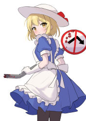  1048334293 1girl absurdres apron black_bow black_pantyhose blonde_hair blue_dress bow cowboy_shot dress frilled_apron frills hat hat_bow highres kana_anaberal looking_at_viewer looking_back maid_apron pantyhose puffy_short_sleeves puffy_sleeves red_bow road_sign short_sleeves sign simple_background solo sun_hat touhou touhou_(pc-98) waist_bow white_apron white_background white_hat yellow_eyes 